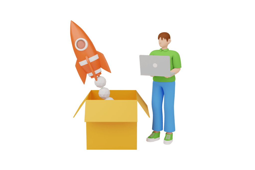man-with-laptop-next-to-box-with-rocket-why-choose-us